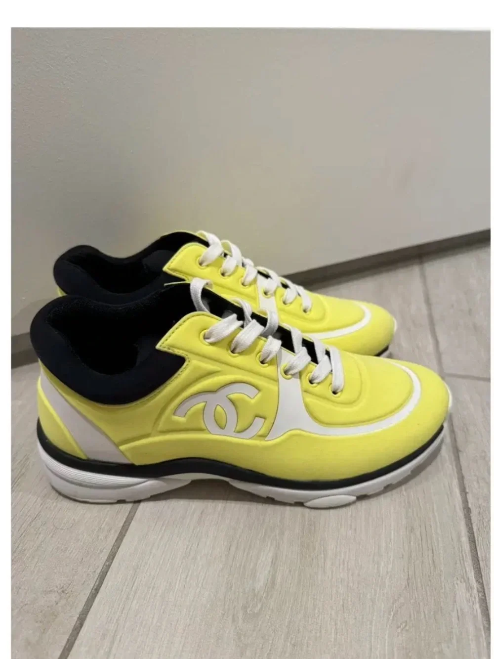 CHANEL Women’s Neon Yellow and White Logo Sneakers